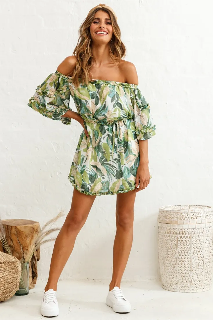 Renoir Off-Shoulder Frill Trim Dress Leaf Print White/Green