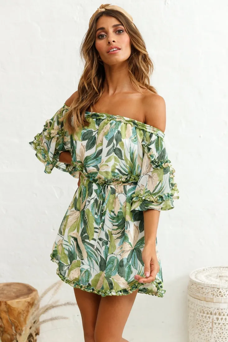 Renoir Off-Shoulder Frill Trim Dress Leaf Print White/Green