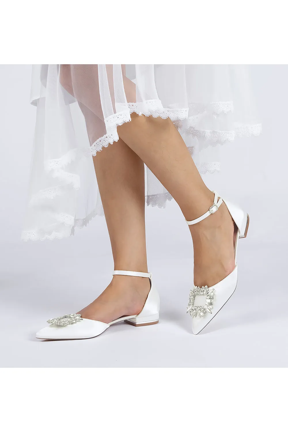 Rhinestone Pointed Toe Ankle Strap Satin Kitten Heels