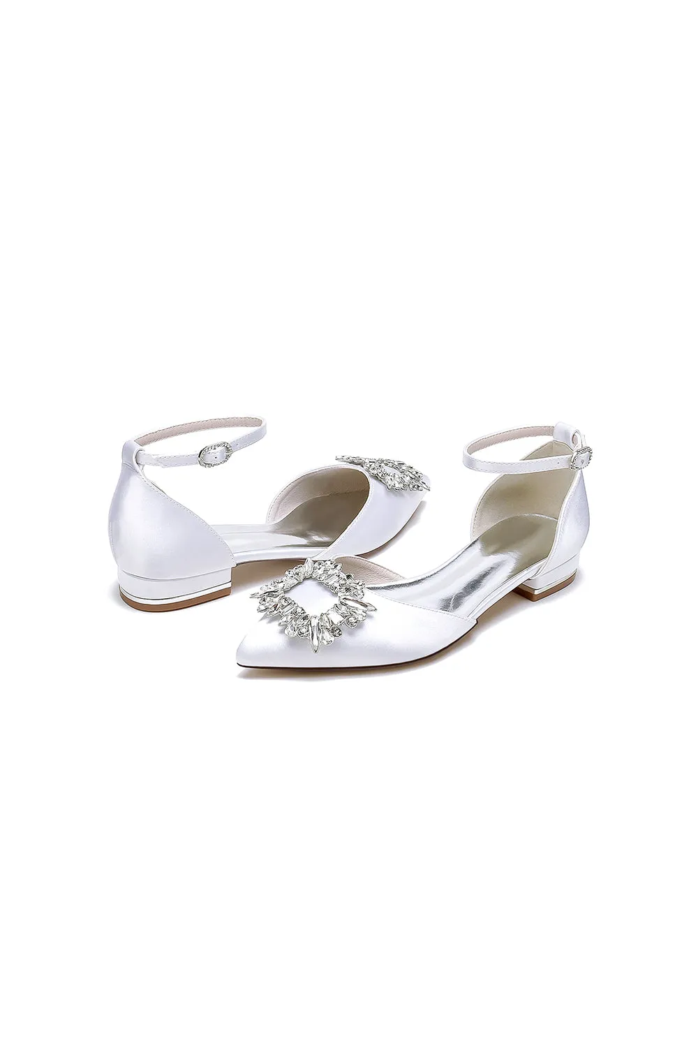 Rhinestone Pointed Toe Ankle Strap Satin Kitten Heels