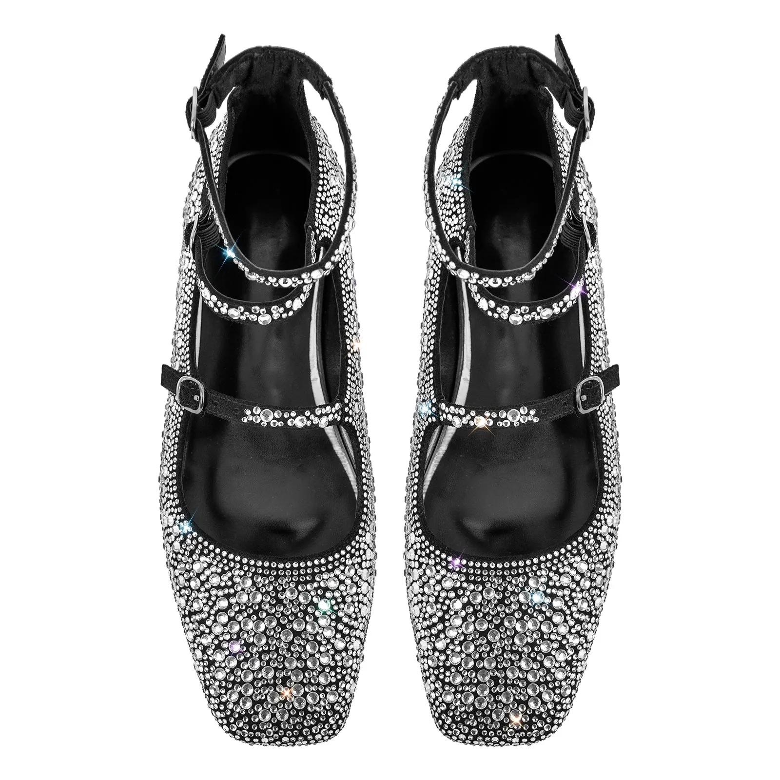 Rhinestone Strap Square Toe Buckle Flats