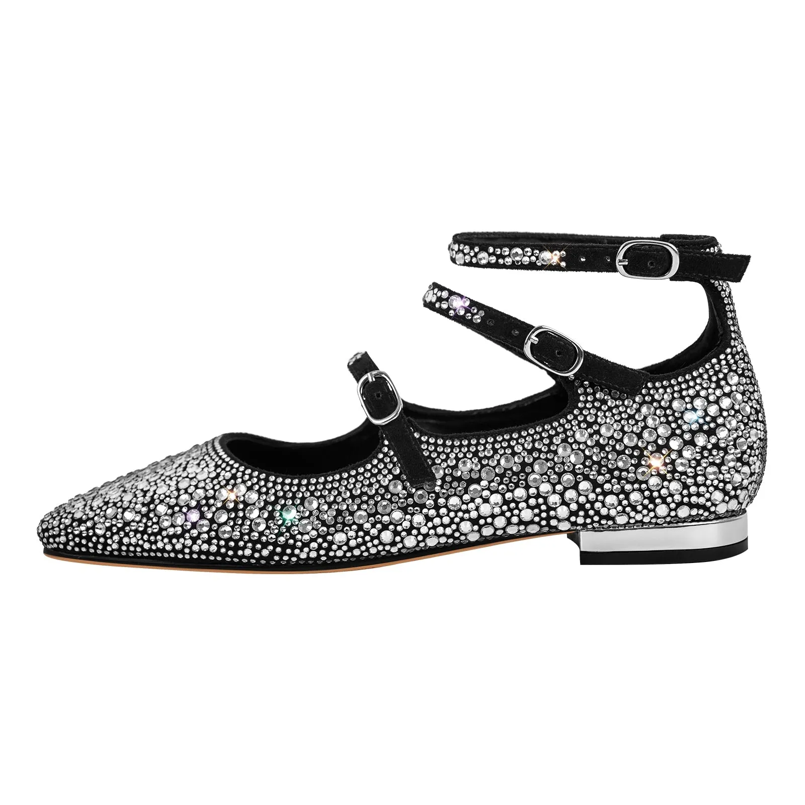 Rhinestone Strap Square Toe Buckle Flats