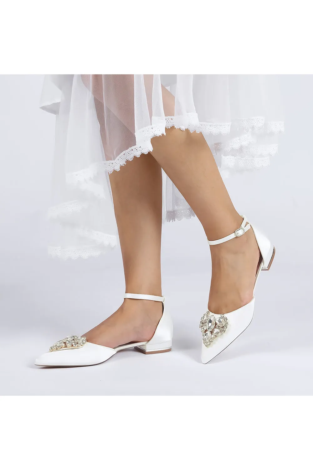 Satin Pointed Toe Ankle Strap Rhinestone Kitten Heels