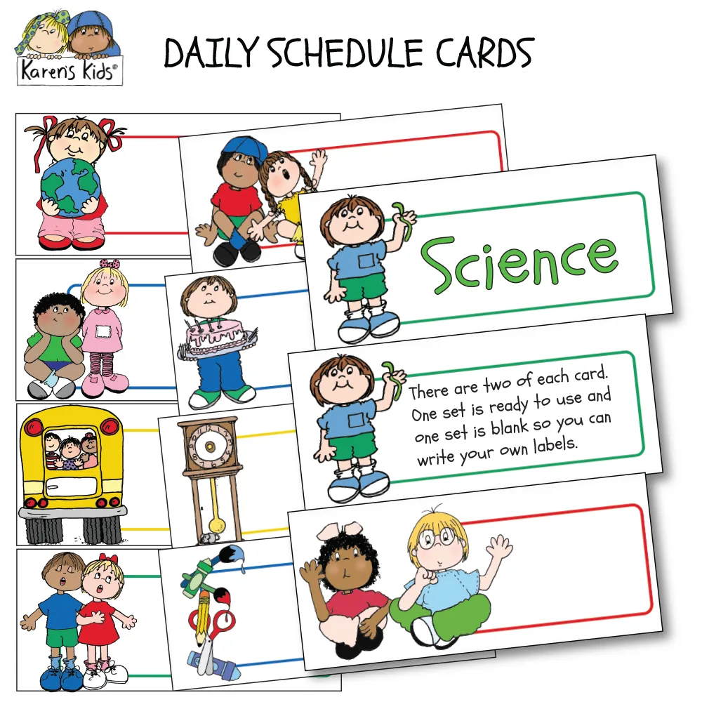 SCHEDULE CARDS for the Day PRIMARY COLORS (Karen's Kids Editable Printables)