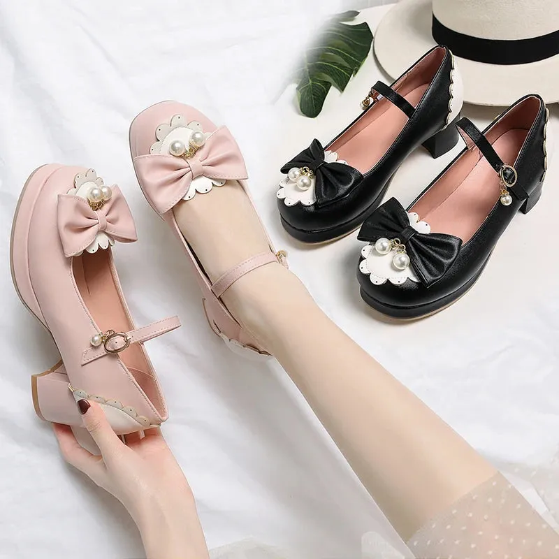 Sohiwoo Lolita tea party shoes Japanese bow thick with round head sweet student princess shoes Bowknot Princess Kawaii Girl Women Shoes