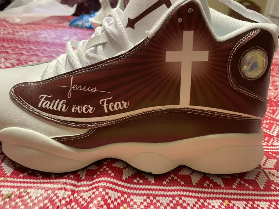 Teesdily | Customized Jesus Cross Art Basketball Shoes, Jesus Saves Running Shoes, Christian Unisex Shoes With Thick Sole