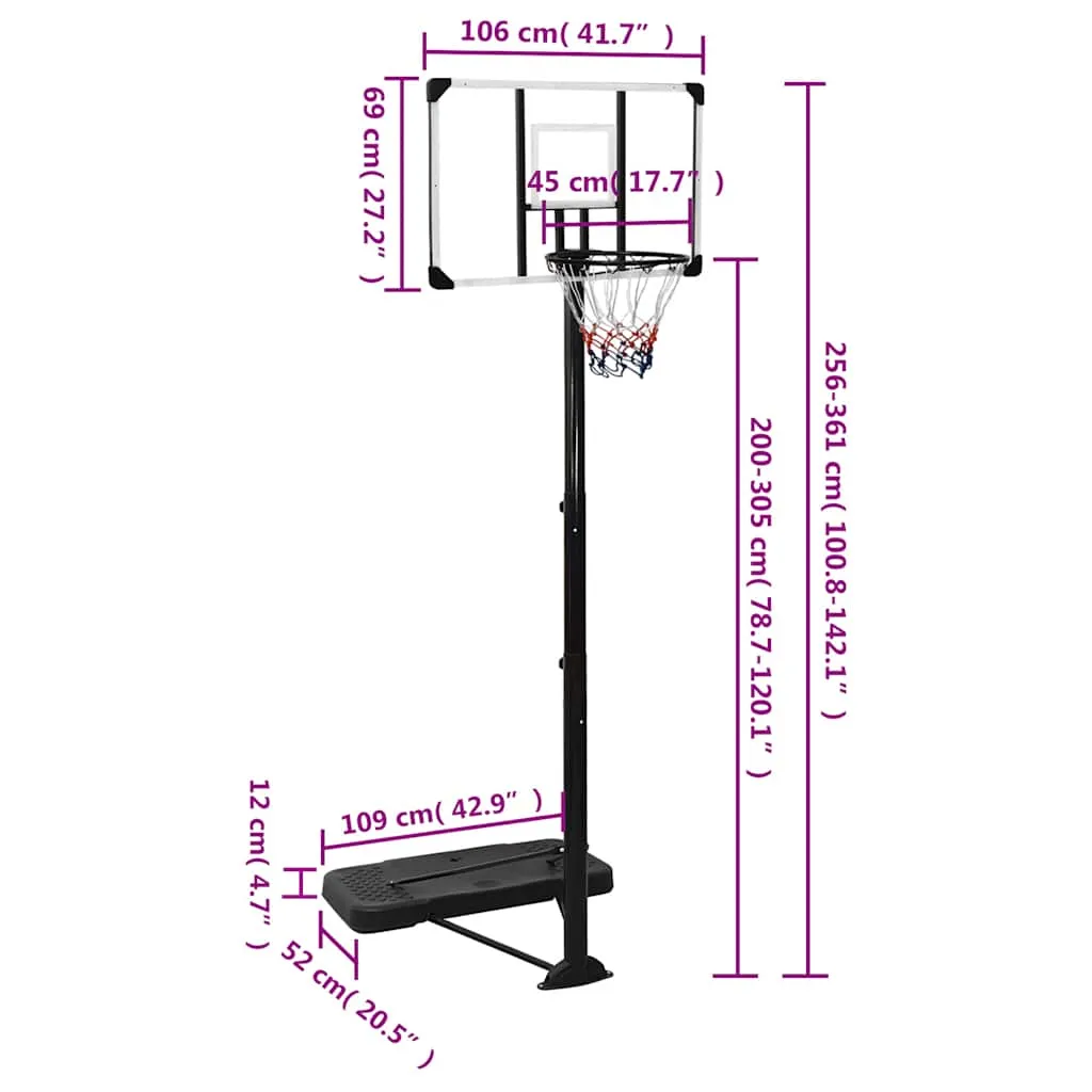 vidaXL Basketball Stand Transparent 256-361 cm Polycarbonate