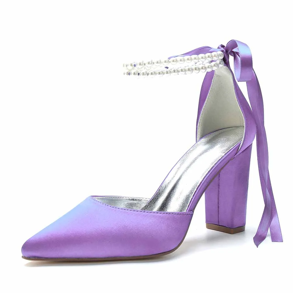 Wedding Pumps Block Heel Ankle Strap Stilettos Satin Colorful Prom Shoes