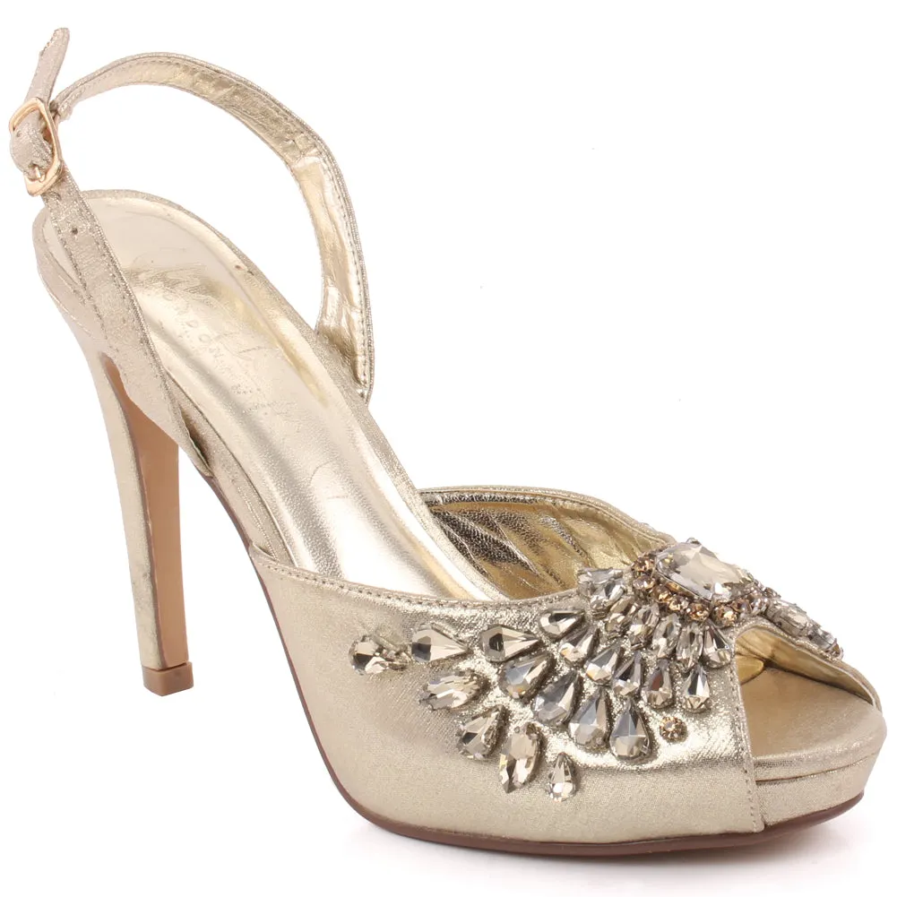 Women "JEMMA" Peep Toe Sling Back Stone  Decorated Stiletto Heel Sandals