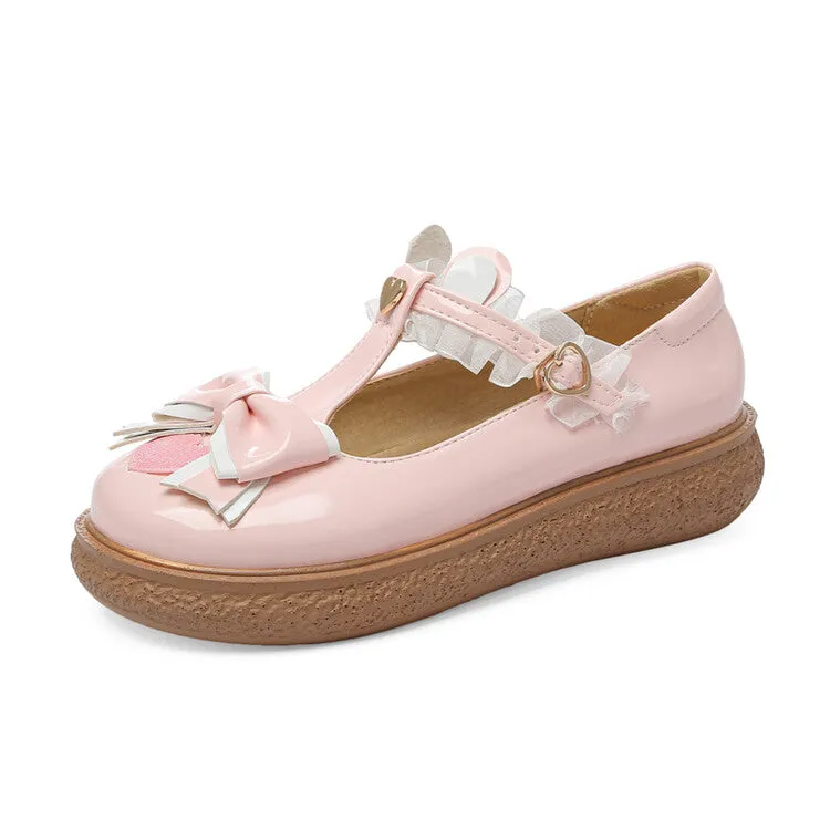 Women's Lolita Bowties Love Hearts T Strap Flats Shoes