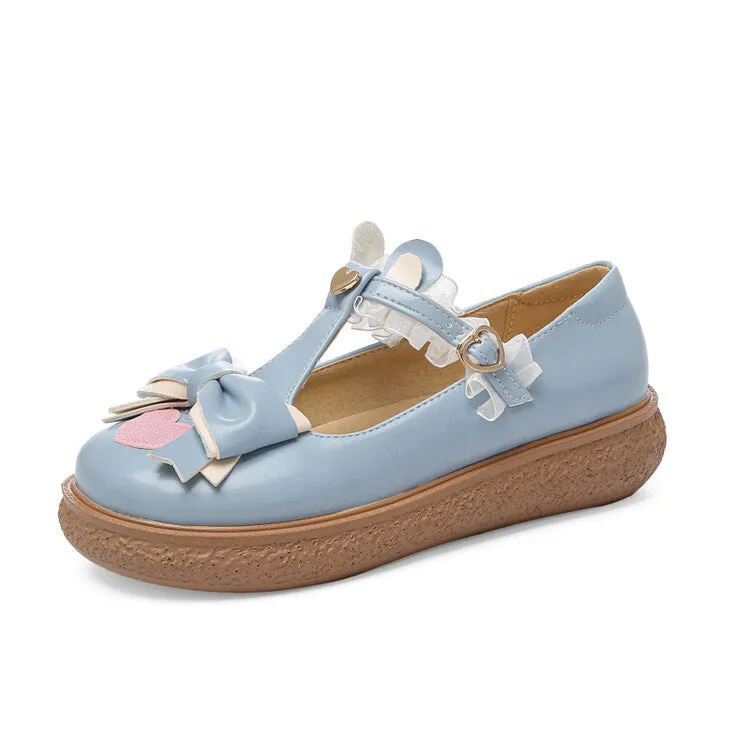 Women's Lolita Bowties Love Hearts T Strap Flats Shoes