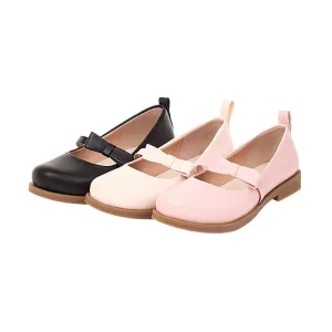 Women's Solid Color Round Toe Butterfly Knot Ankle Strap Platform Flat Many Jane Shoes