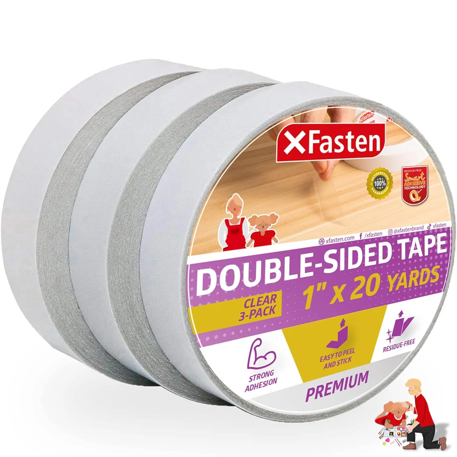 XFasten Double Sided Tape | 1 Inch x 20 Yards | Clear | 3-Pack