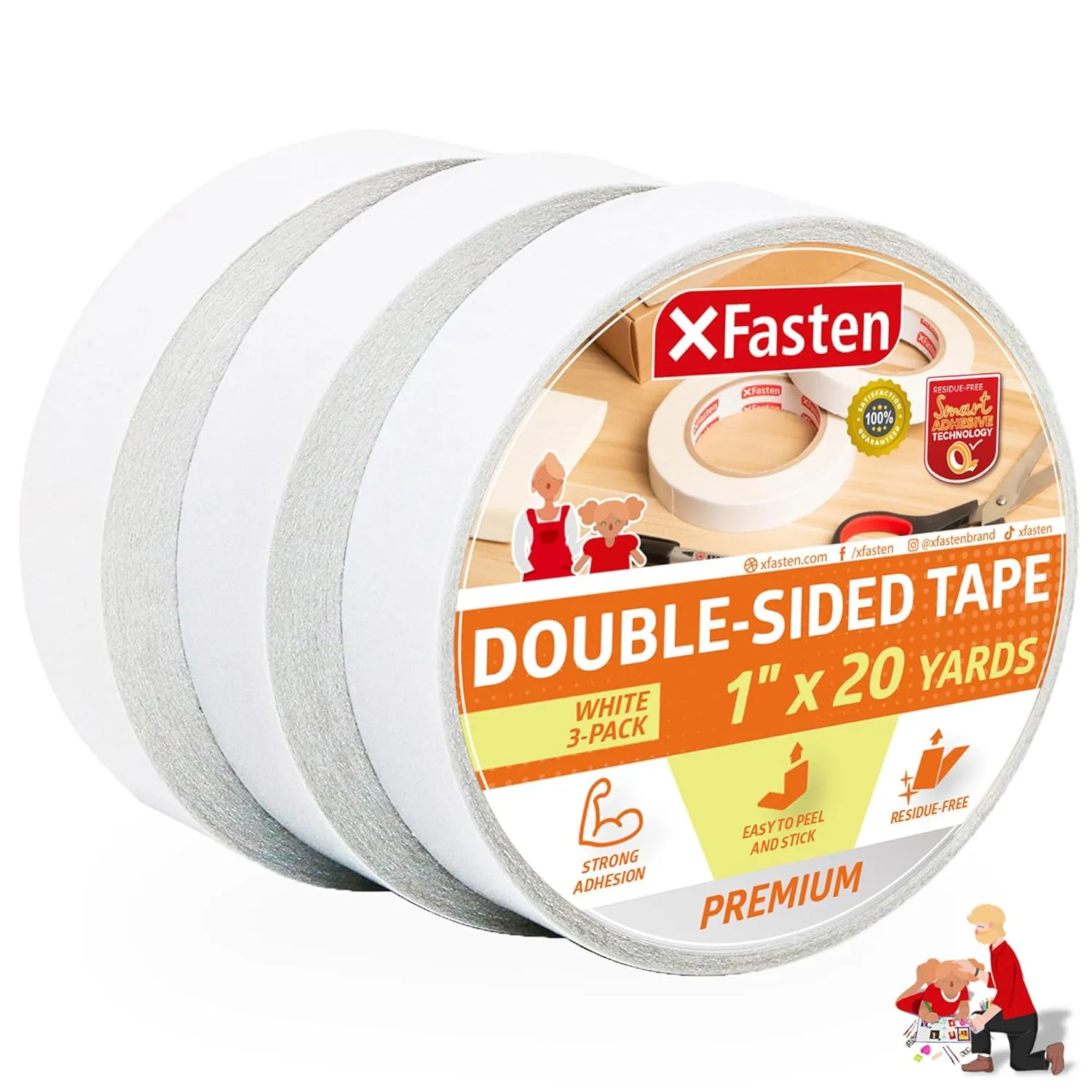 XFasten Double Sided Tape | 1 Inch x 20 Yards | White | 3-Pack