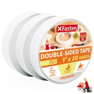 XFasten Double Sided Tape | 1 Inch x 20 Yards | White | 3-Pack