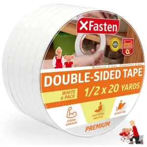 XFasten Double Sided Tape | 1/2 Inch x 20-Yards | White | 6-Pack