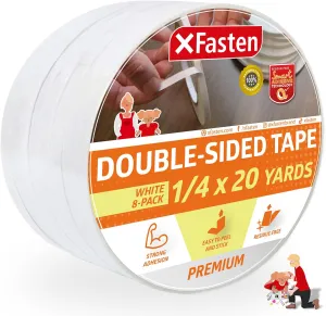 XFasten Double Sided Tape | 1/4 Inch x 20 Yards | White | 8-Pack