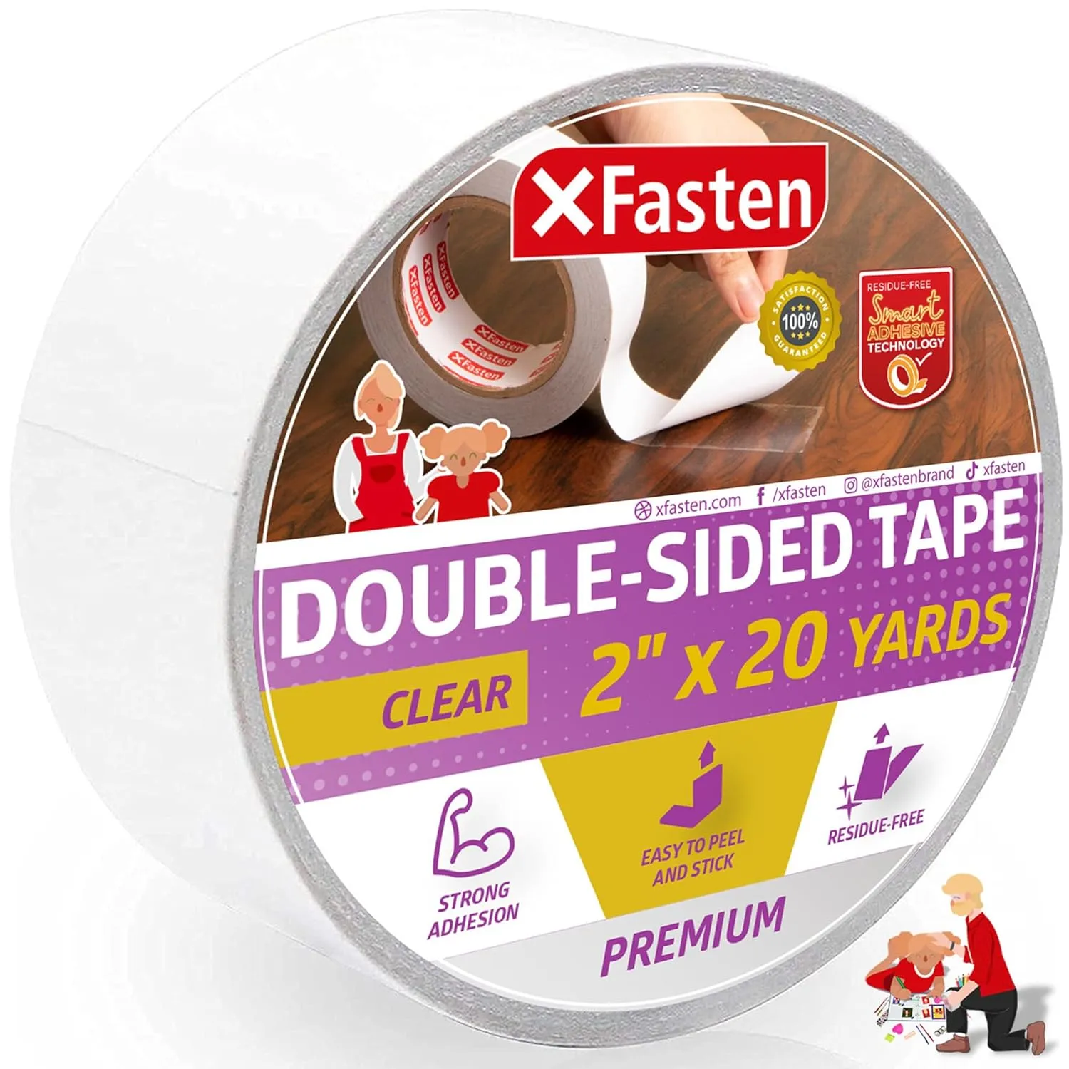 XFasten Double Sided Tape | 2 Inches x 20 Yards | Clear