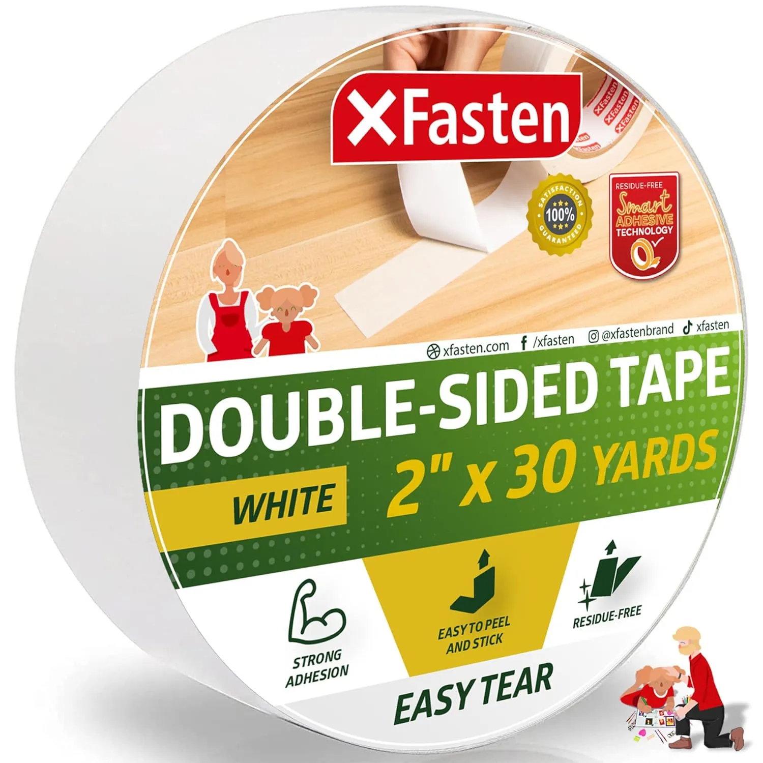 XFasten Double Sided Tape | 2 Inches x 30 Yards | Easy Tear | White